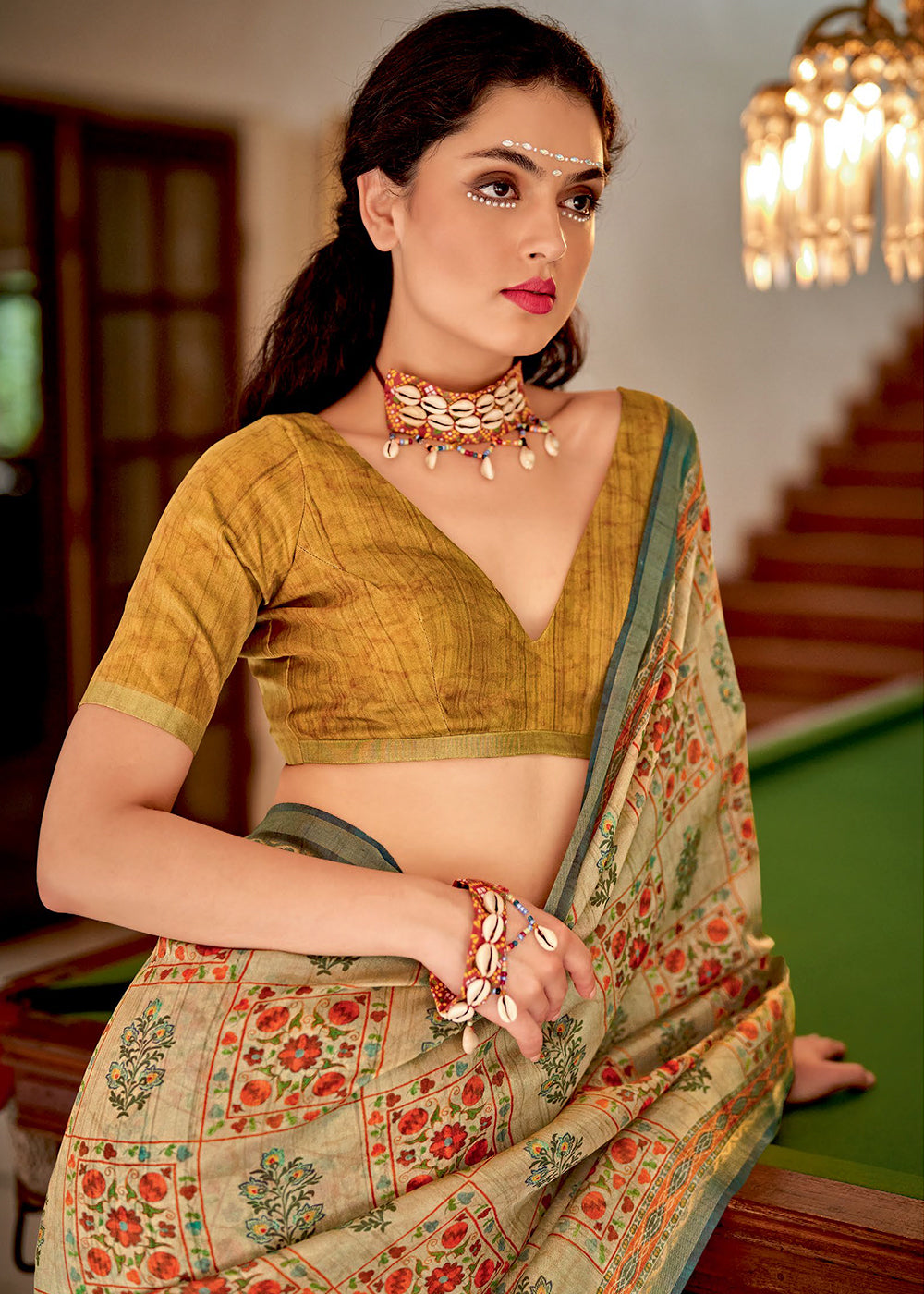 Beige Brown Designer Printed Silk Saree