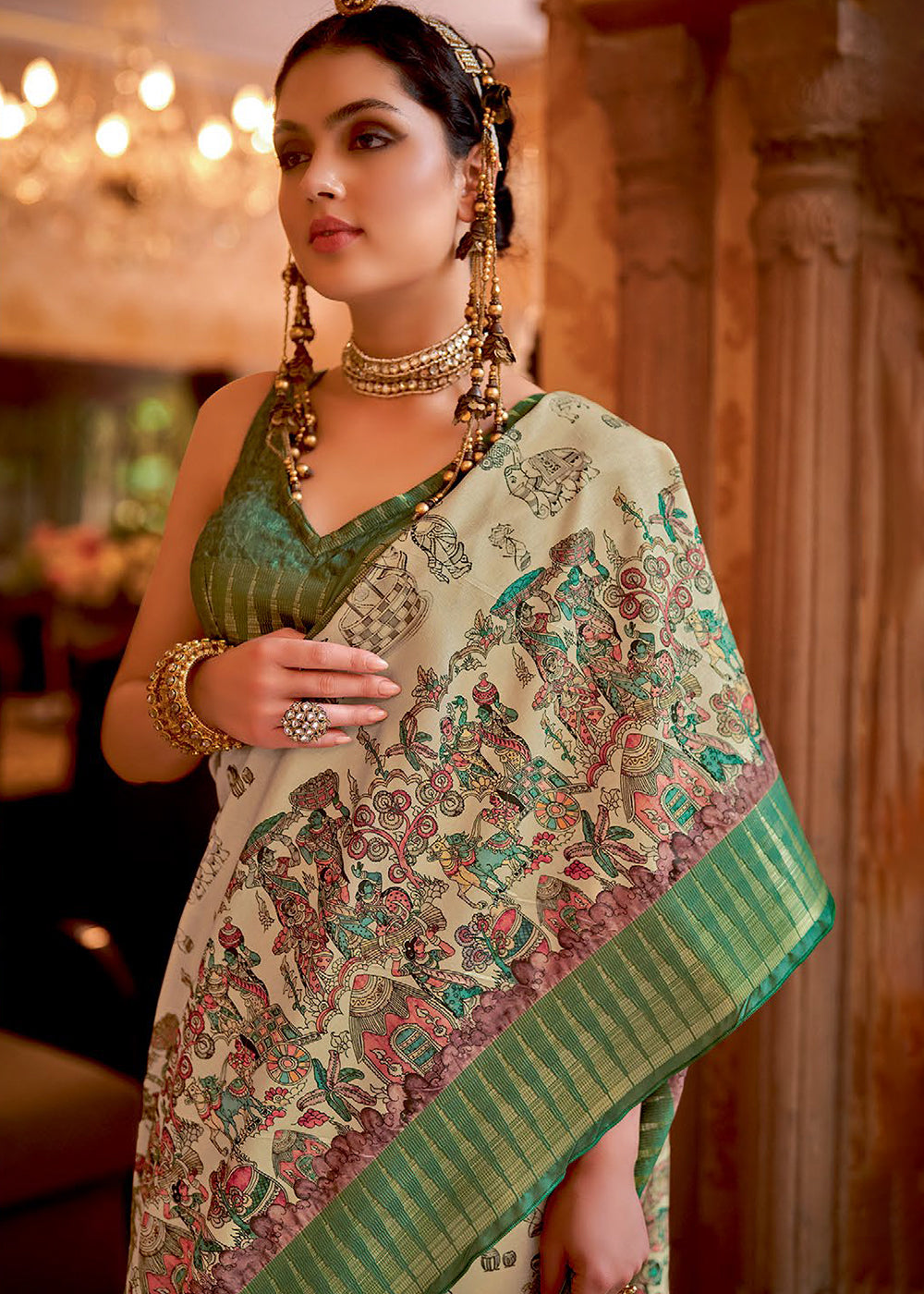 Green & White Printed Silk Saree