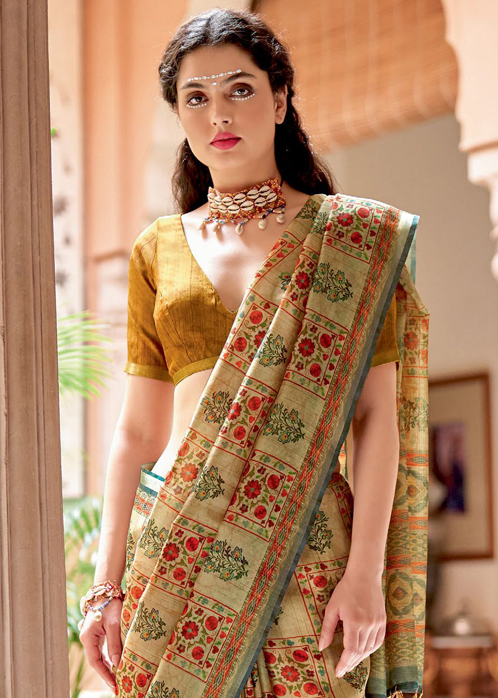 Beige Brown Designer Printed Silk Saree