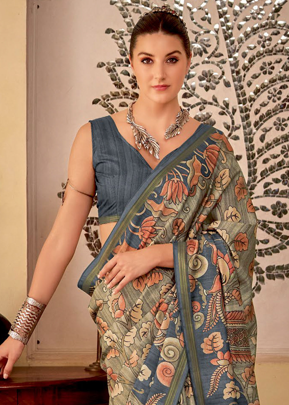 Fiord Grey Kalamkari Printed Soft Silk Saree