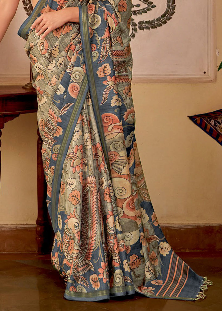 Fiord Grey Kalamkari Printed Soft Silk Saree