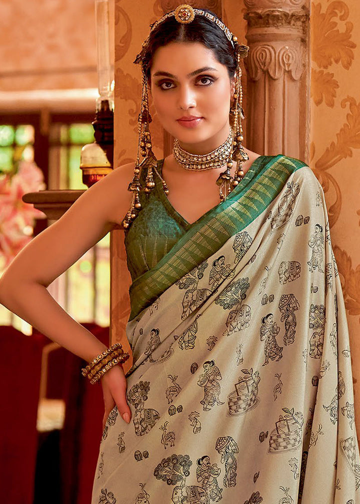 Green & White Printed Silk Saree