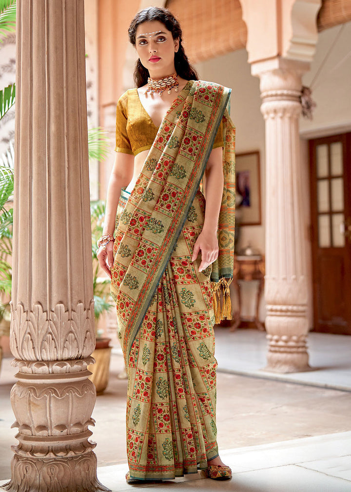 Beige Brown Designer Printed Silk Saree