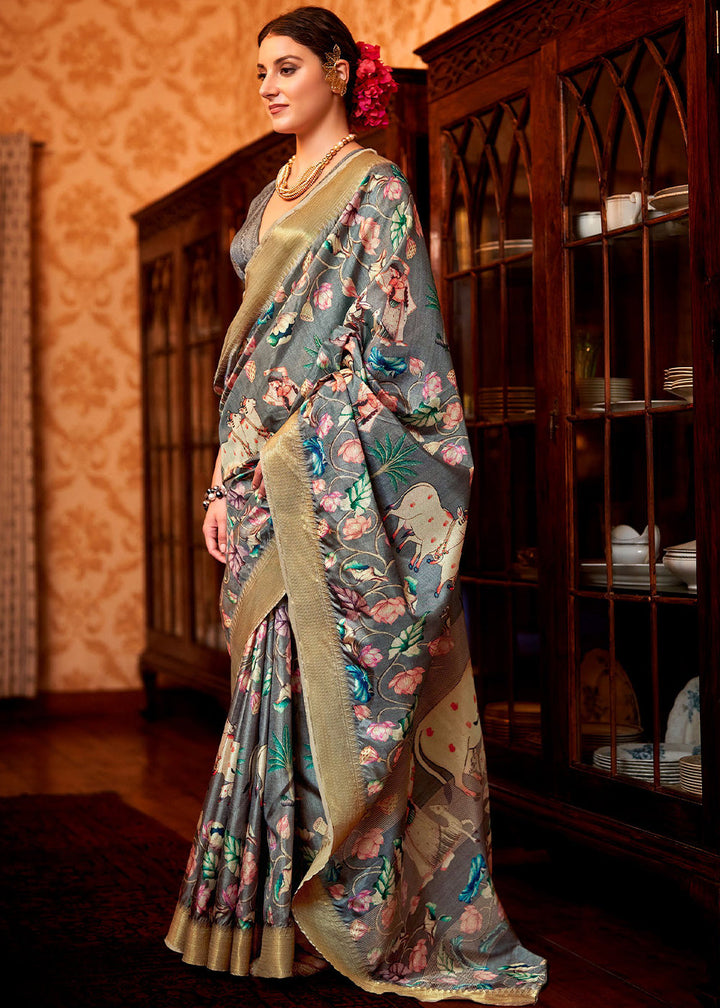 Smoke Grey Floral Printed Manipuri Silk Saree