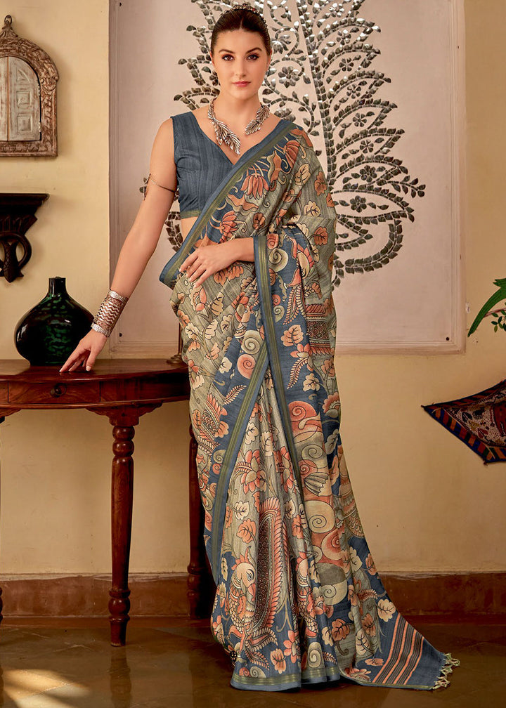 Fiord Grey Kalamkari Printed Soft Silk Saree