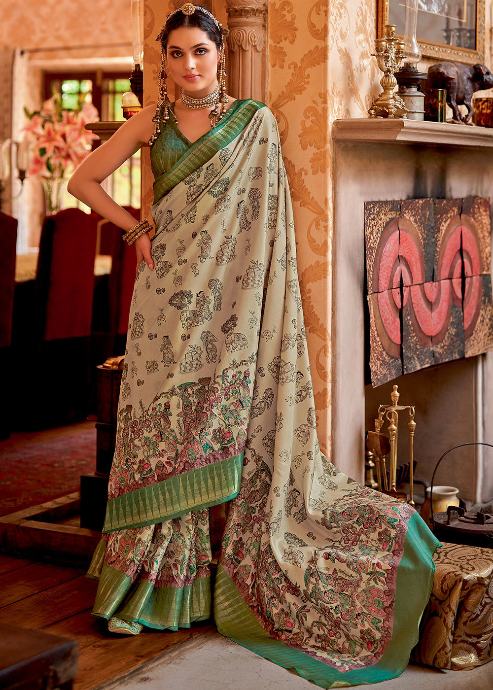 Green & White Printed Silk Saree