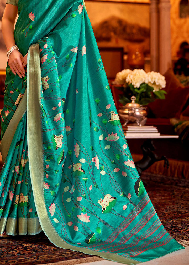 Jade Green Floral Printed Manipuri Silk Saree