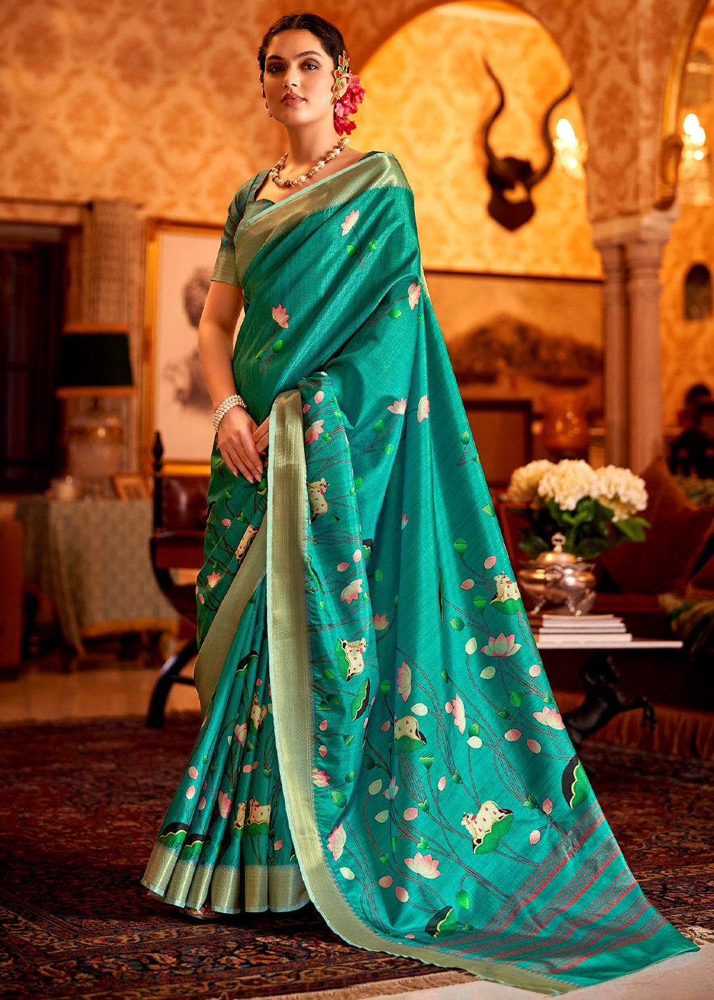 Jade Green Floral Printed Manipuri Silk Saree