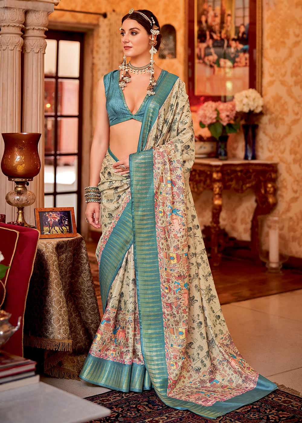 Cerulean Blue & White Printed Silk Saree