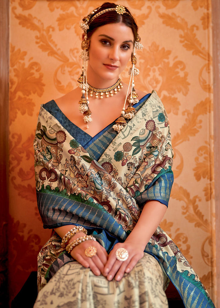 Blue & White Printed Silk Saree