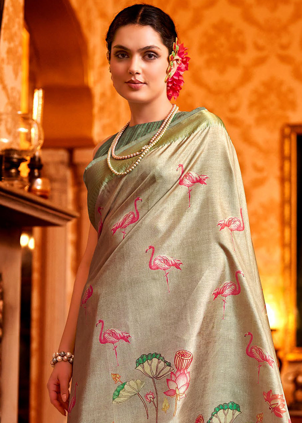 Brownish Grey Floral Printed Manipuri Silk Saree