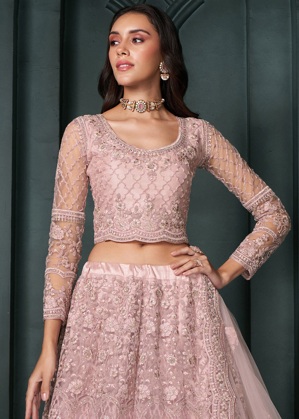 Blush Pink Net Lehenga Choli Beautifully Embroidered with Thread, Badla work & all Over Embellishments Stone work