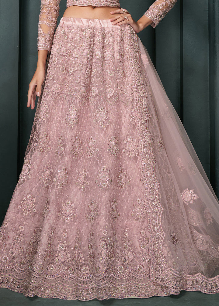 Blush Pink Net Lehenga Choli Beautifully Embroidered with Thread, Badla work & all Over Embellishments Stone work