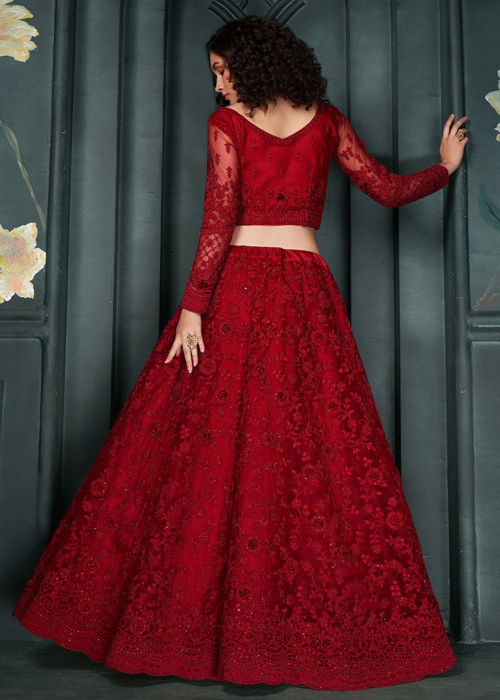 Dark Crimson Red Net Lehenga Choli Beautifully Embroidered with Thread, Badla work & all Over Embellishments Stone work