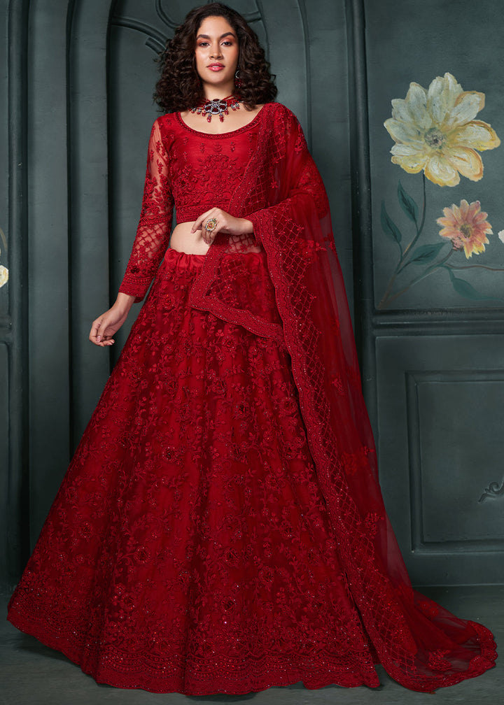 Dark Crimson Red Net Lehenga Choli Beautifully Embroidered with Thread, Badla work & all Over Embellishments Stone work