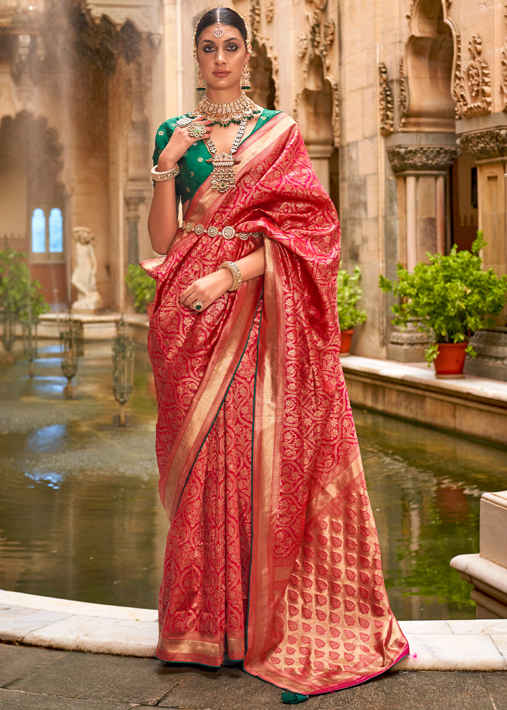 Reddish Pink Zari Woven Banarasi Silk Saree