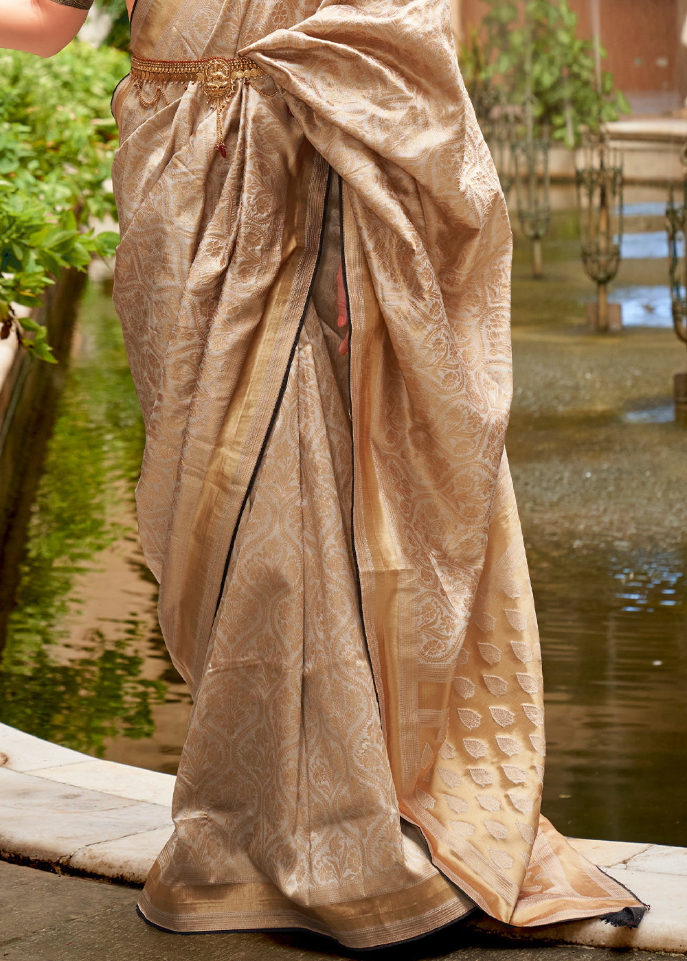 Beige Brown Zari Woven Banarasi Silk Saree