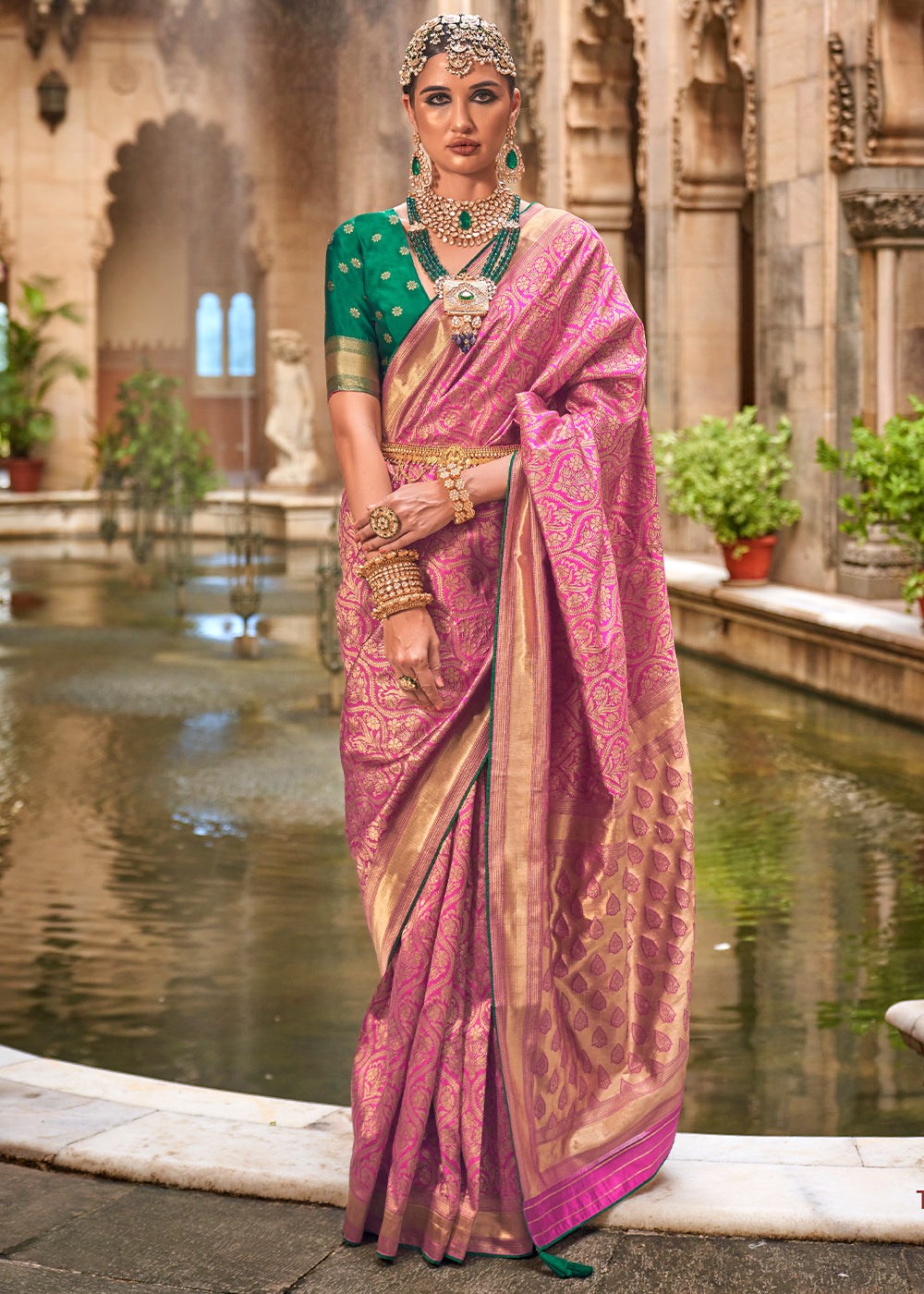 Bubblegum Pink Zari Woven Banarasi Silk Saree