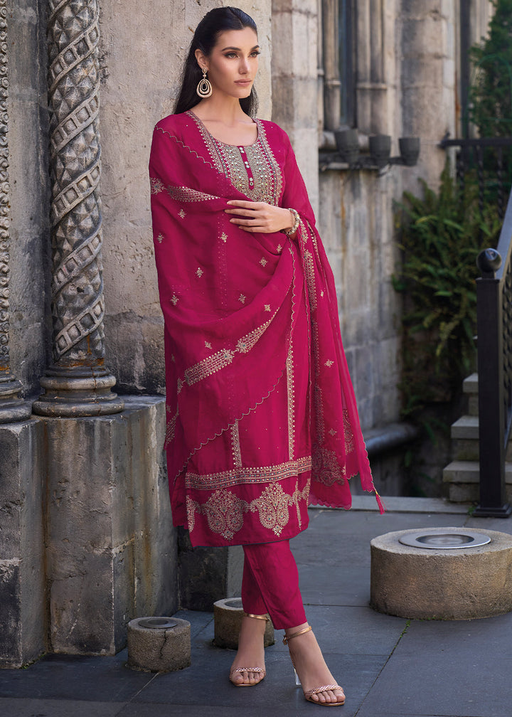 Magenta Pink Organza Suit with Floral Embroidery work