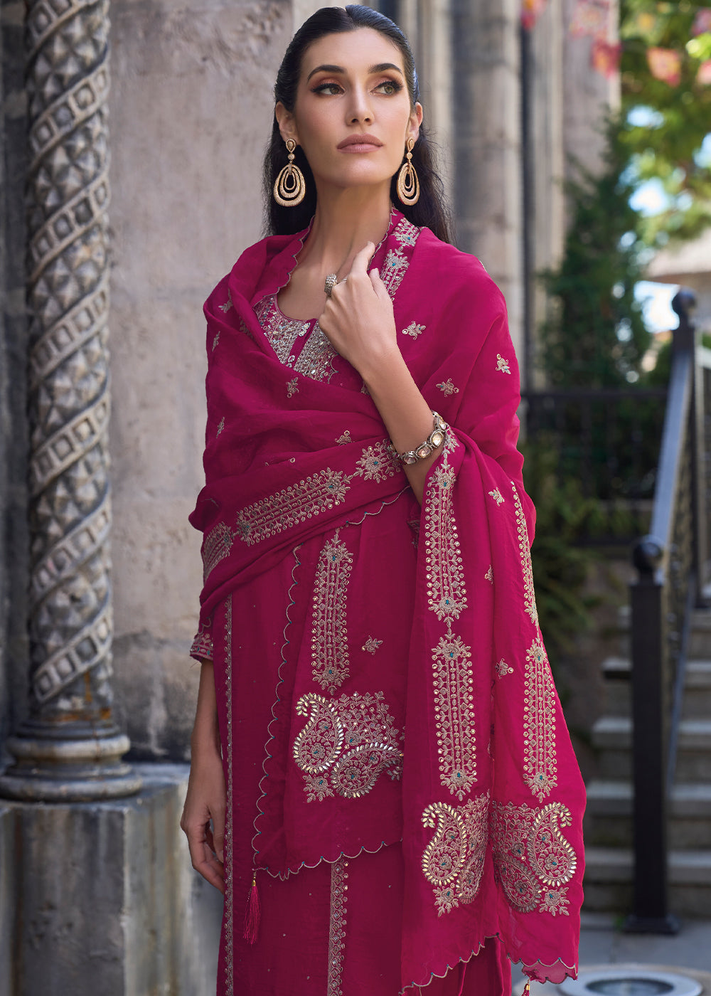 Magenta Pink Organza Suit with Floral Embroidery work