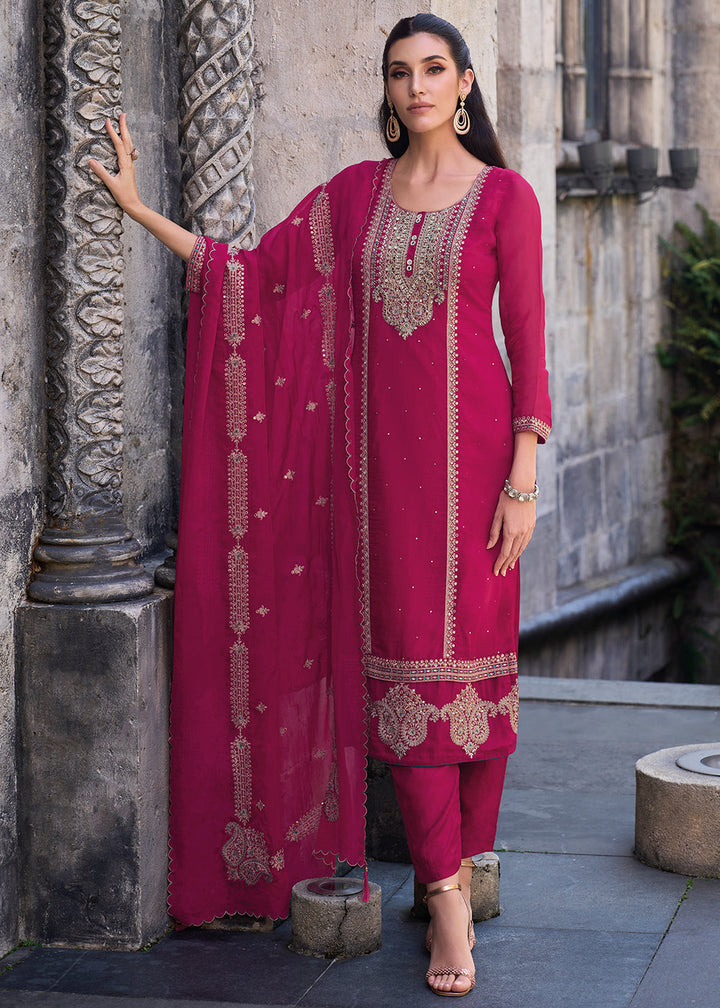 Magenta Pink Organza Suit with Floral Embroidery work