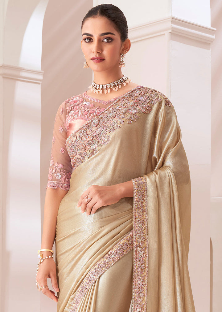 Golden Brown Designer Embroidered Satin Chiffon Saree