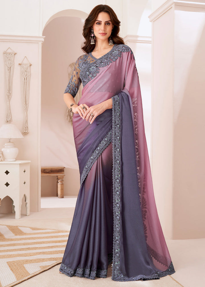 Shades Of Purple Designer Embroidered Chiffon Saree