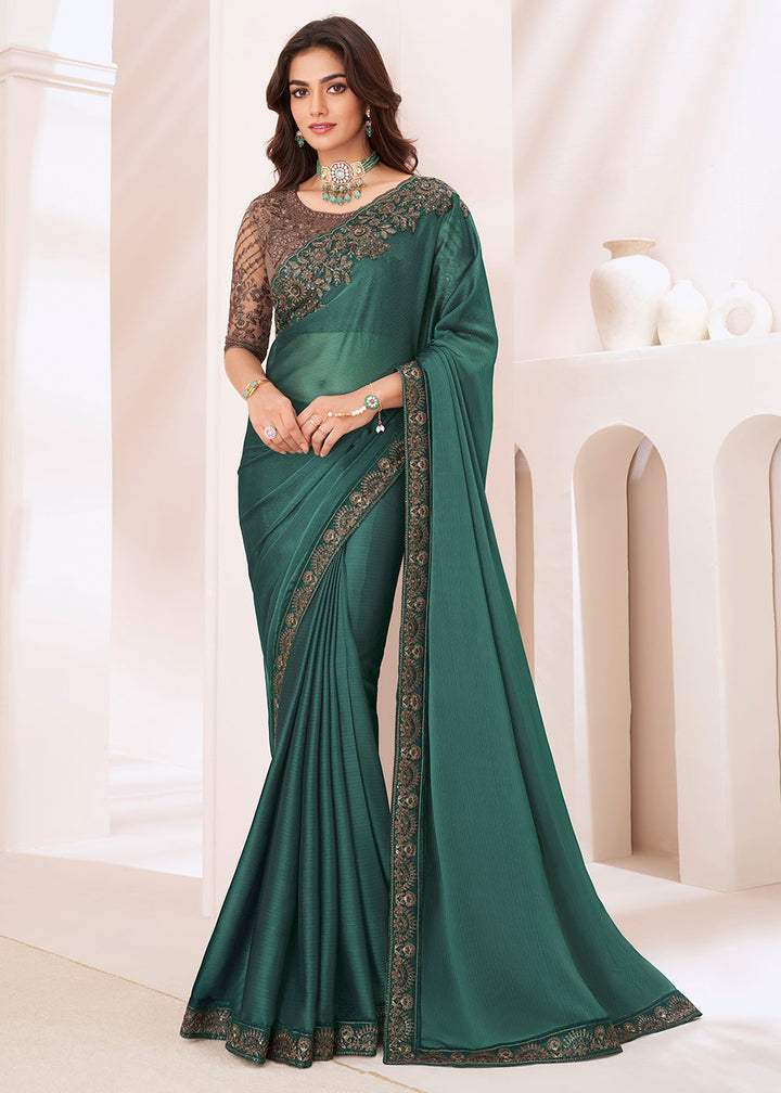 Viridian Green Designer Embroidered Georgette Silk Saree