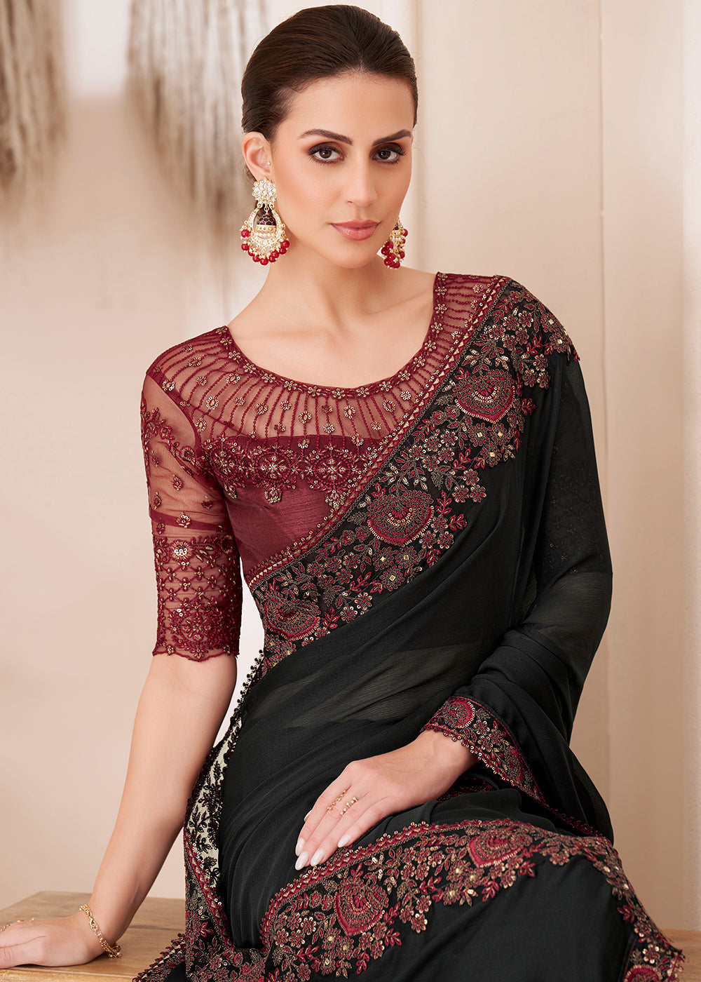 Midnight Black Designer Embroidered Silk Chiffon Saree