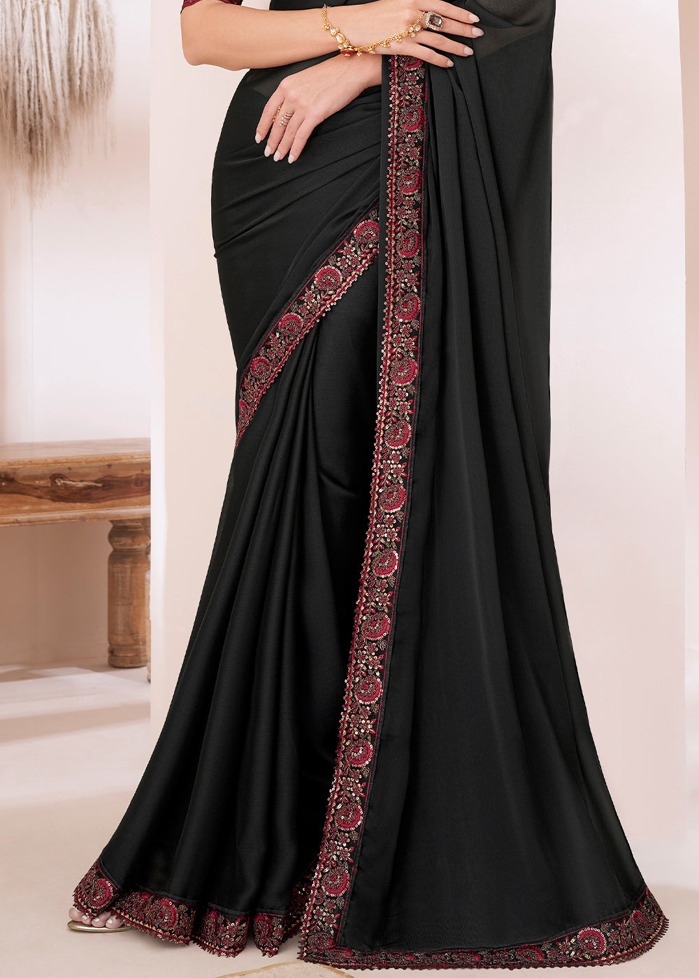 Midnight Black Designer Embroidered Silk Chiffon Saree