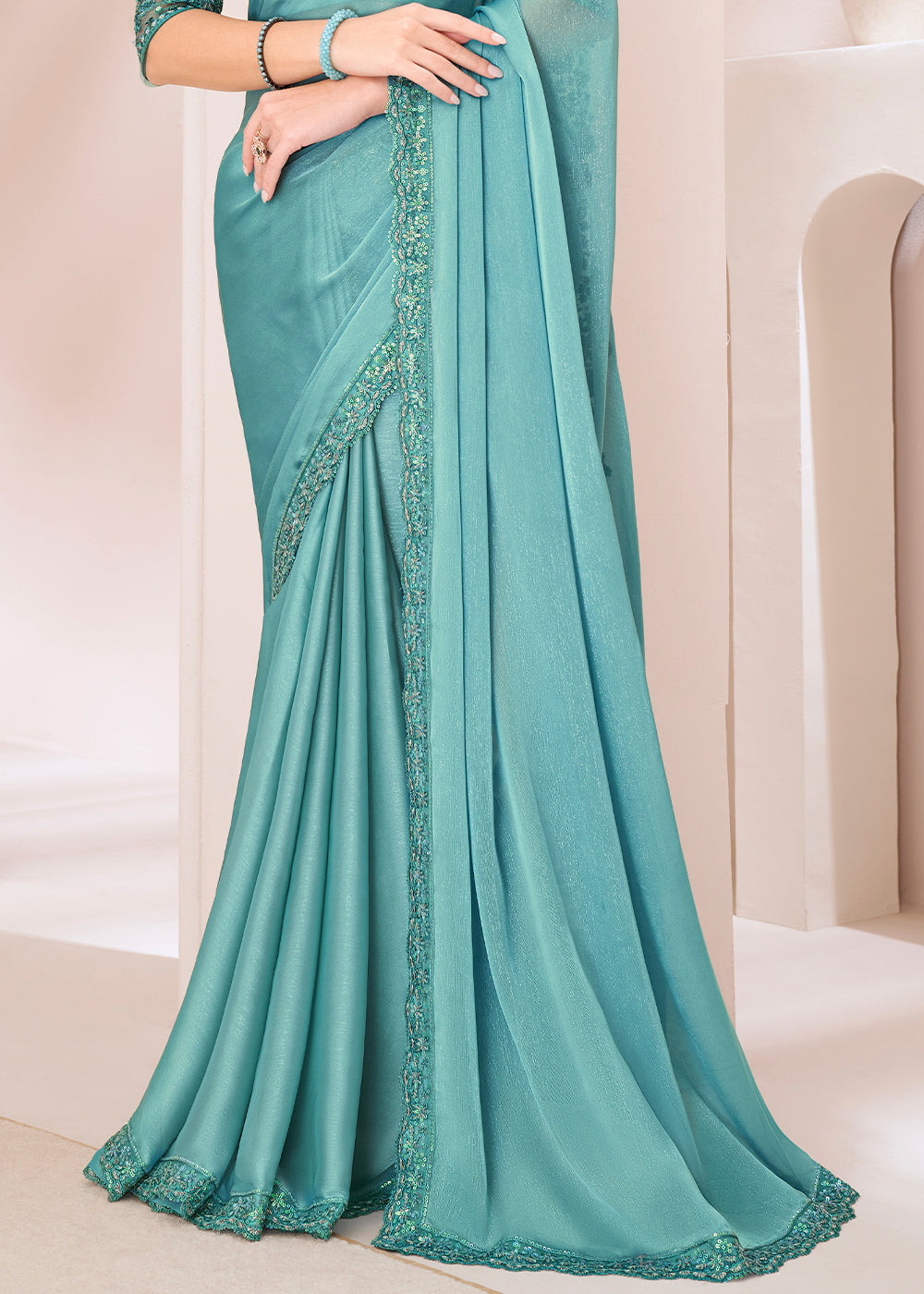 Turquoise Blue Designer Embroidered Georgette Silk Saree