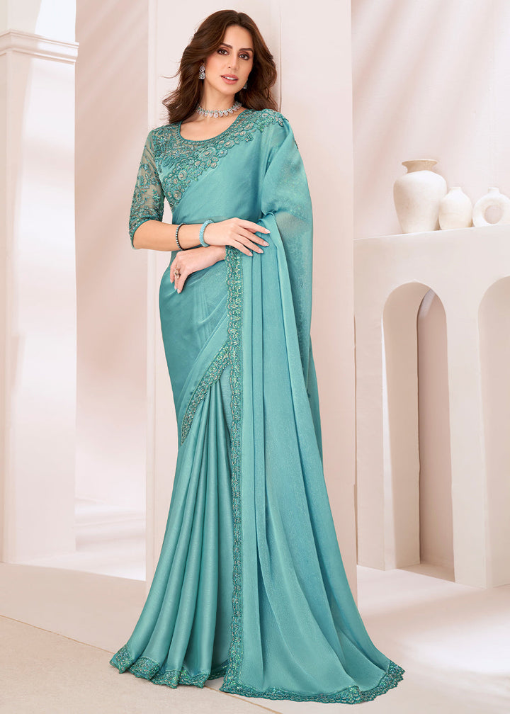 Turquoise Blue Designer Embroidered Georgette Silk Saree