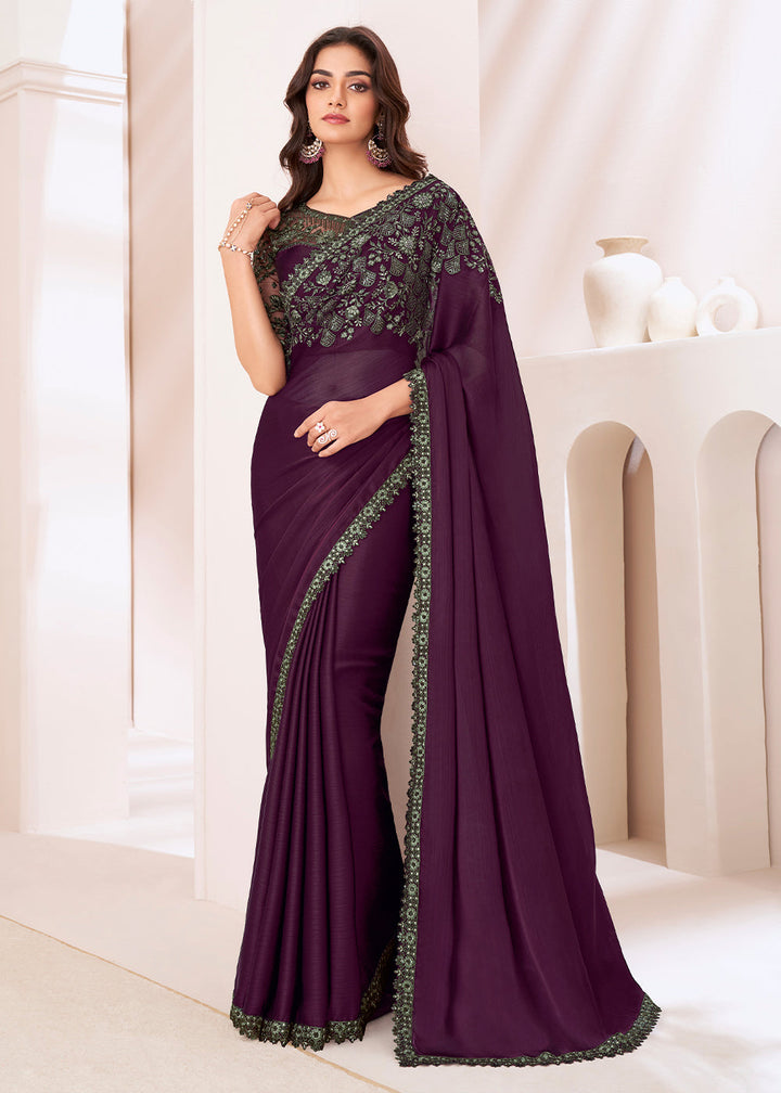 Raisin Purple Designer Embroidered Satin Chiffon Saree