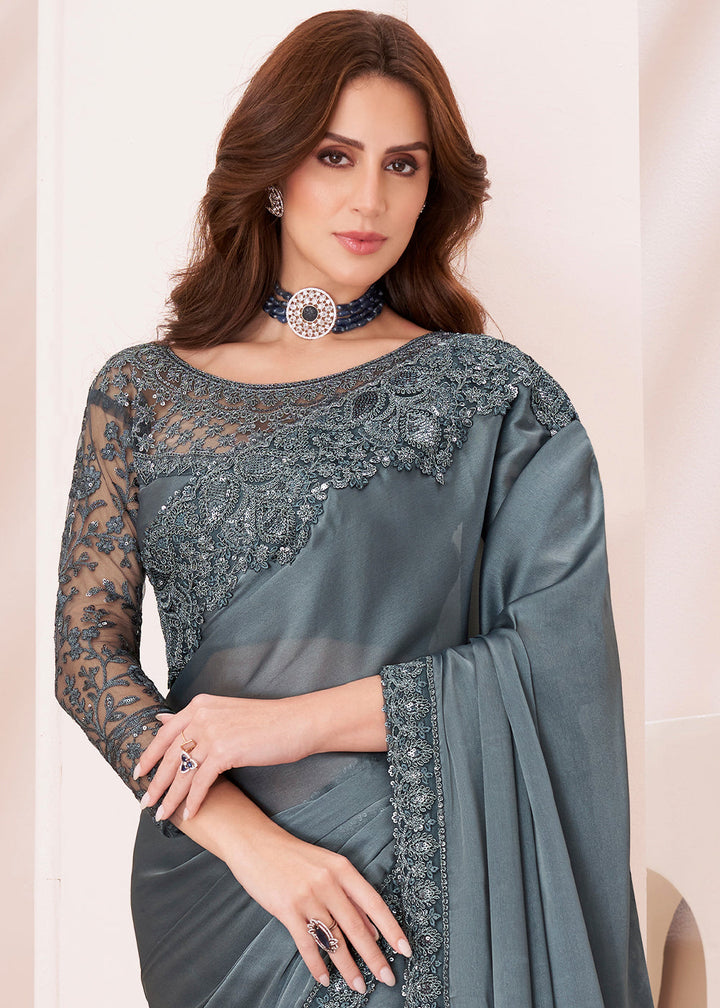 Slate Grey Designer Embroidered Satin Georgette Silk Saree