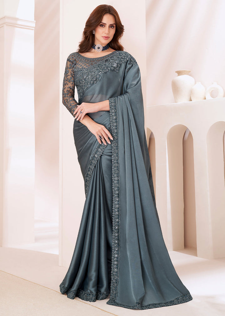 Slate Grey Designer Embroidered Satin Georgette Silk Saree