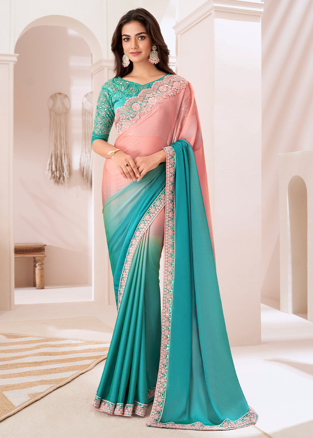 Blue & Pink Designer Embroidered Shaded Chiffon Saree