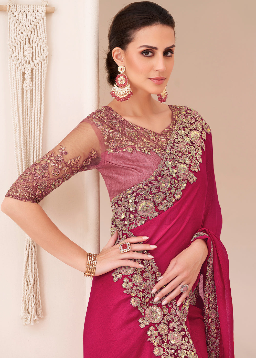 Ruby Pink  Designer Embroidered Satin Chiffon Saree