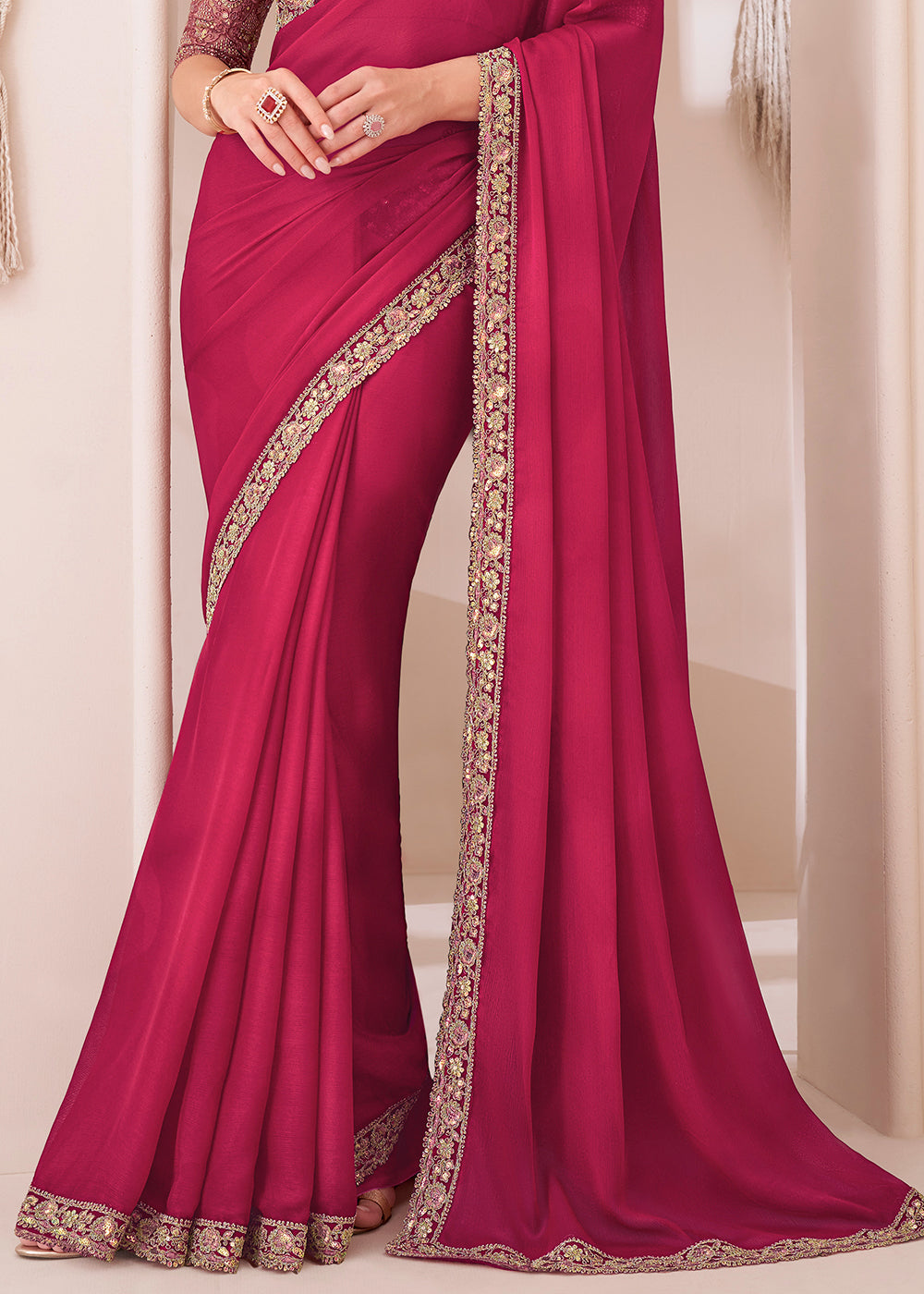 Ruby Pink  Designer Embroidered Satin Chiffon Saree