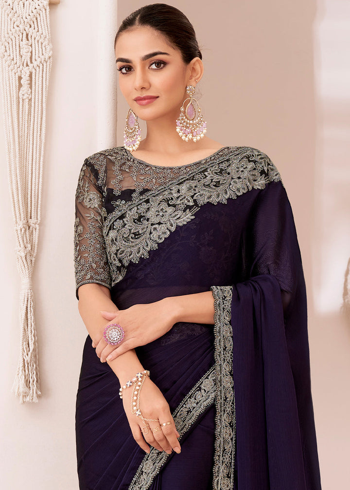 Eggplant Purple Designer Embroidered Georgette Chiffon Saree