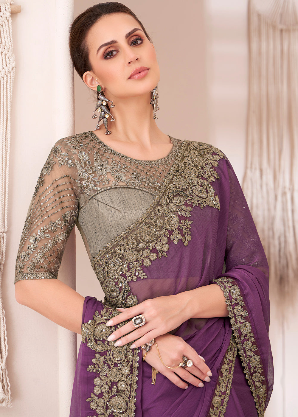 Royal Purple Designer Embroidered Georgette Chiffon Saree