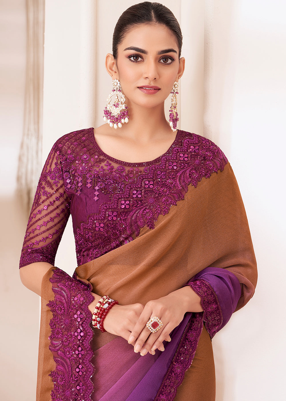 Brown & Purple Designer Embroidered Shaded Chiffon Saree