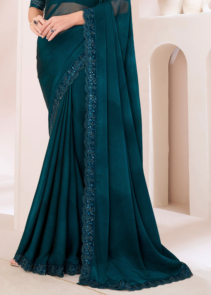 Dark Yale Blue Designer Embroidered Shaded Chiffon Saree