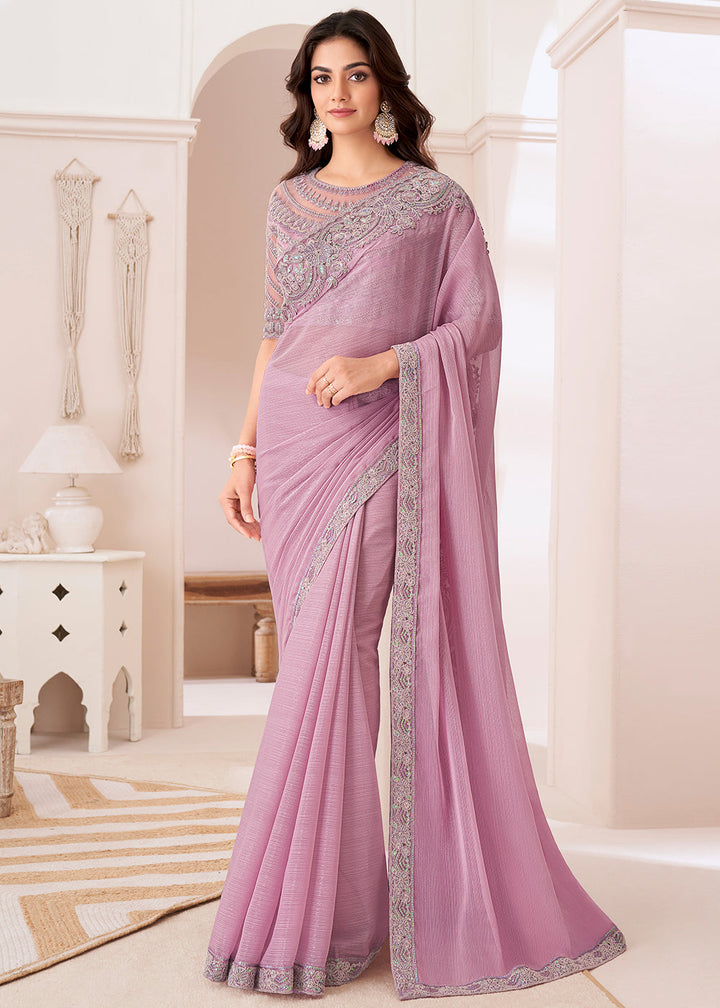 Light Lilac Purple Designer Embroidered Shaded Chiffon Saree