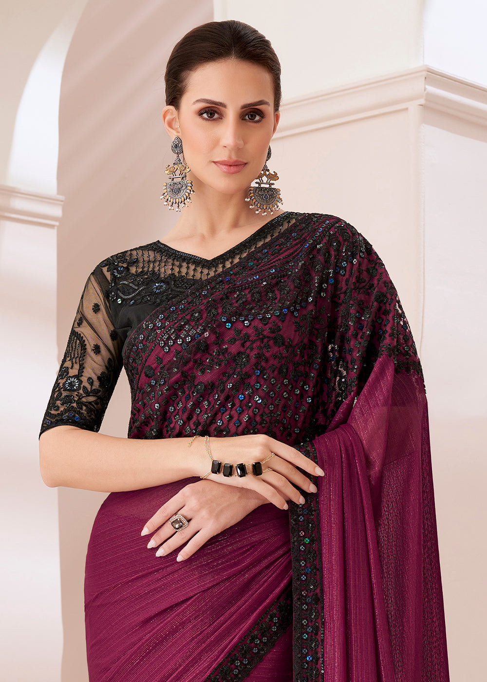 Sangria Purple Designer Embroidered Satin Georgette Saree