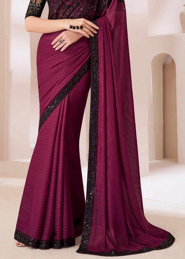 Sangria Purple Designer Embroidered Satin Georgette Saree