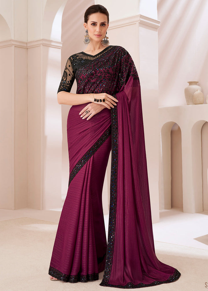 Sangria Purple Designer Embroidered Satin Georgette Saree