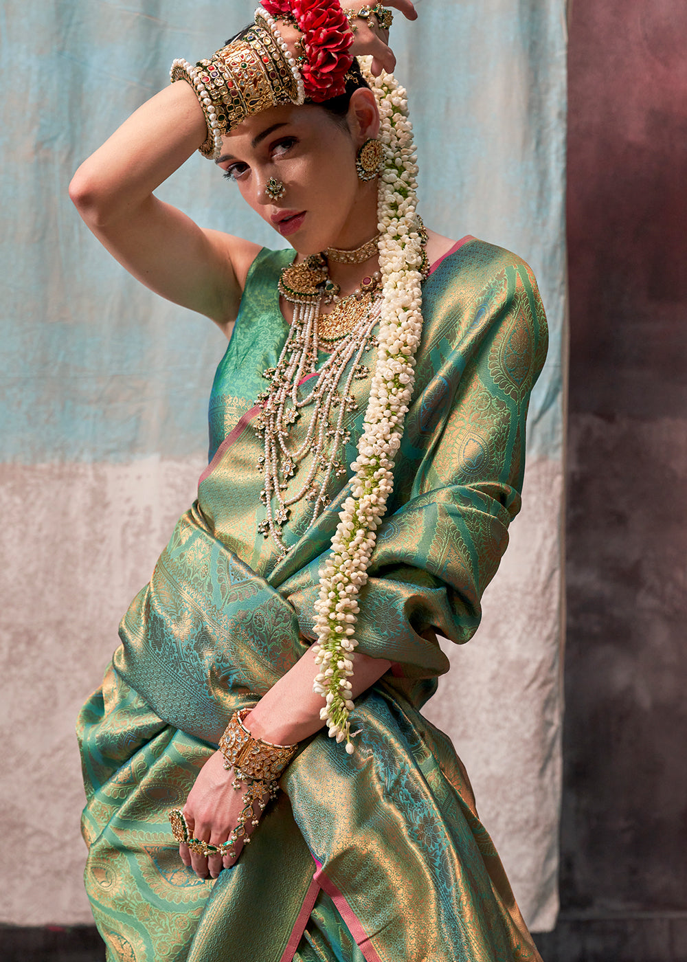 Pastel Green Two Tone Kanjivaram Silk Saree Embellished with Intricate Gold Zari work : Top Pick