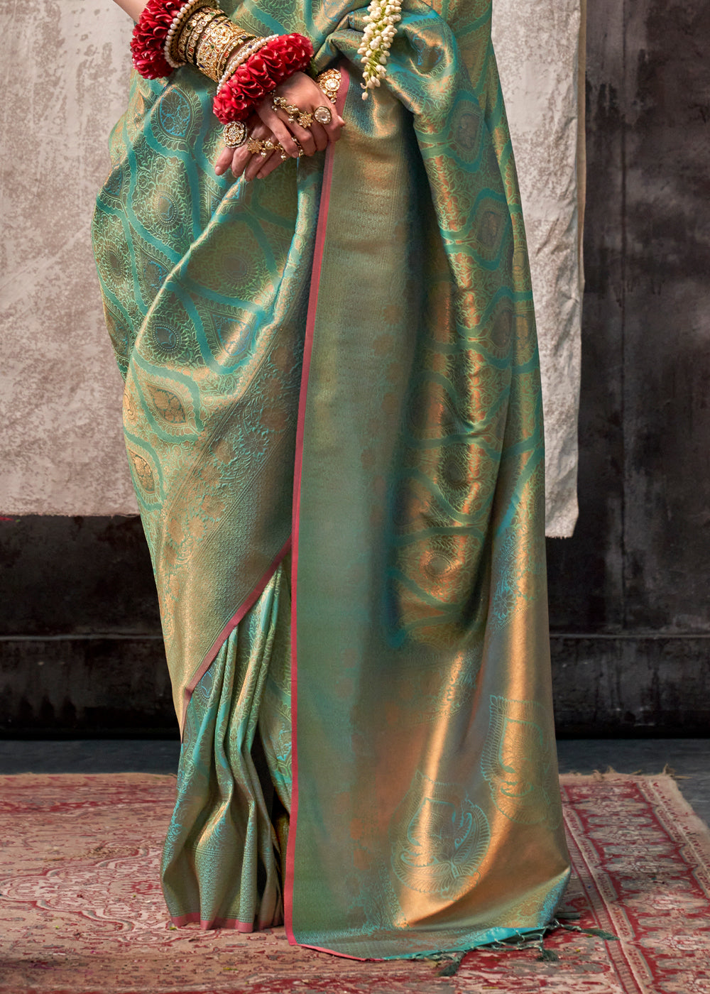 Pastel Green Two Tone Kanjivaram Silk Saree Embellished with Intricate Gold Zari work : Top Pick