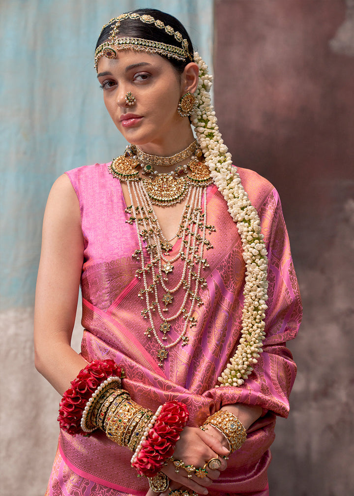 Cream Pink Two Tone Kanjivaram Silk Saree Embellished with Intricate Gold Zari work