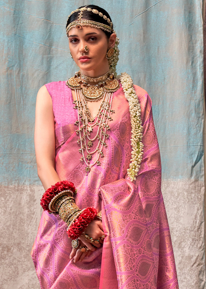 Cream Pink Two Tone Kanjivaram Silk Saree Embellished with Intricate Gold Zari work